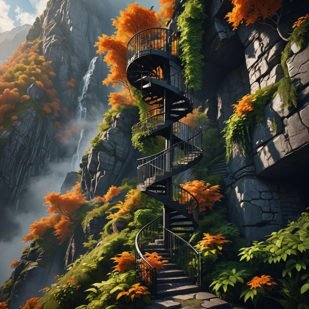 A steep black spiral staircase twisting up the side of a mou...