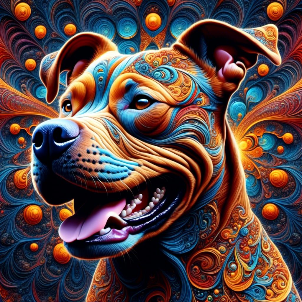 <lora:Fractalicious:1.0> A 3D hyperrealistic hyperdetailed laughing pitbull made of intricated Fractal patterns, Vibrant Fractal Palette,Hyp...