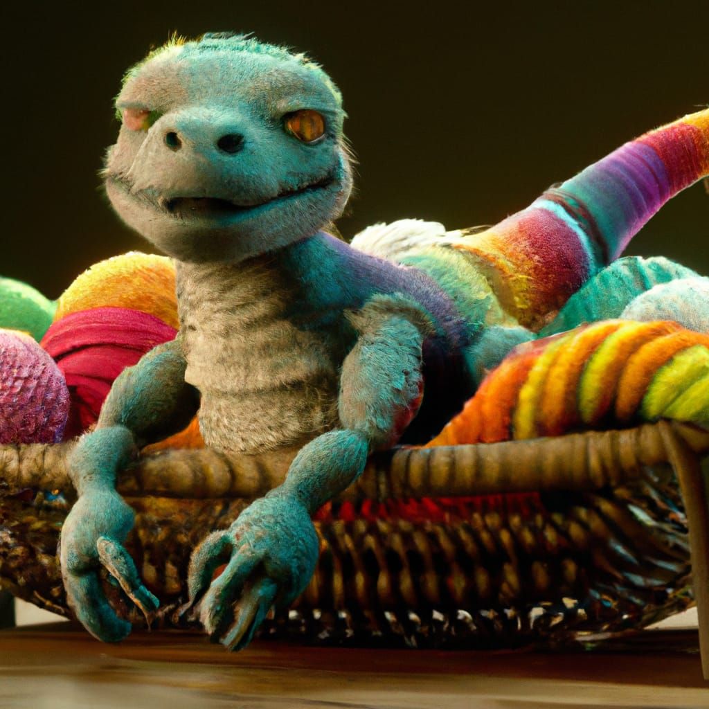 Friendly Vibrant rainbow yarn lizard in basket of yarn.Fluffy, fuzzy
