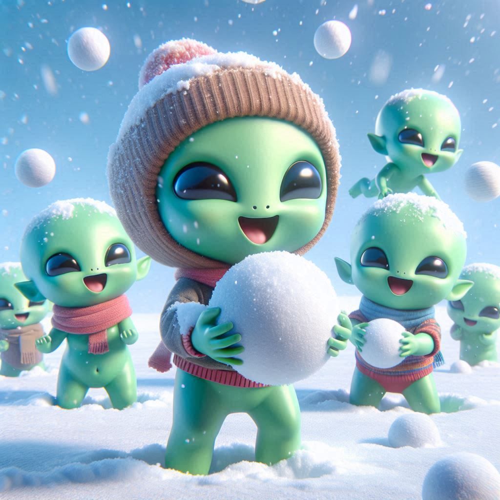 cute green aliens /snow for the first time / playing with sn...