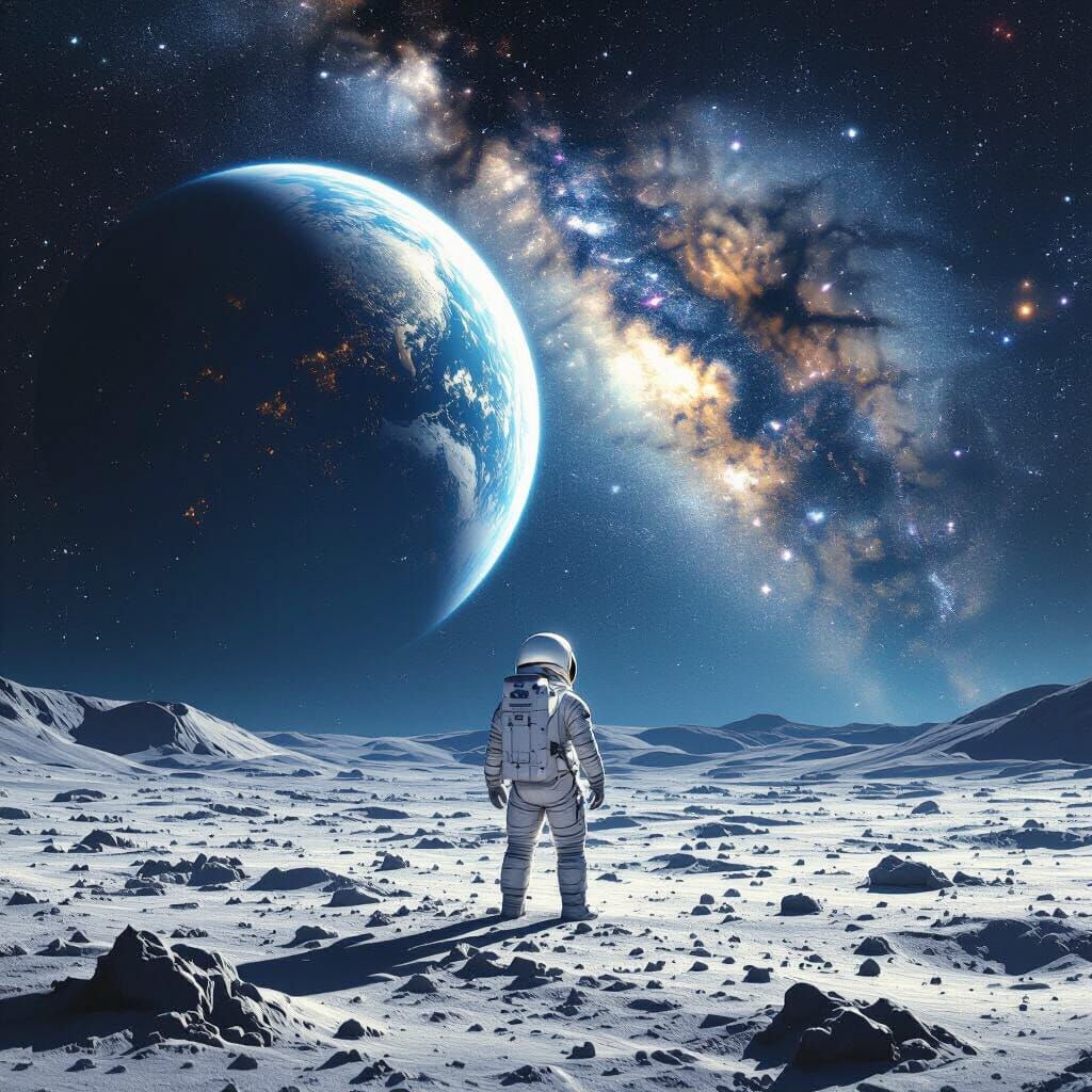 A man standing on the moon, overlooking the galaxy
