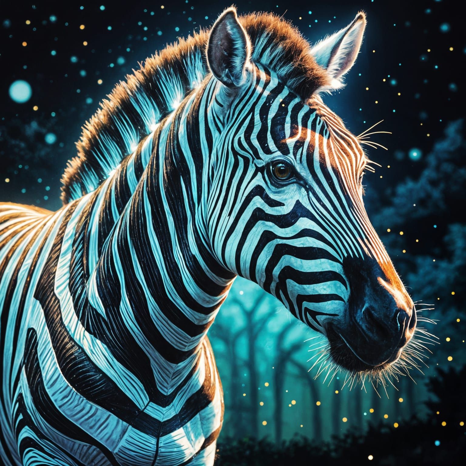 Vibrant Nighttime Zebra Illuminated in Neon Glory