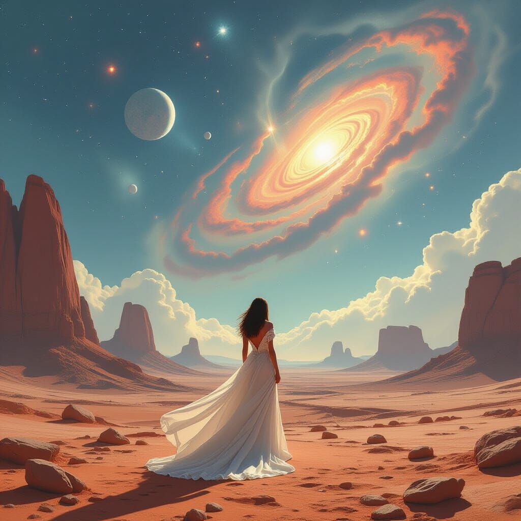 A solitary woman stands on a desolate alien planet, gazing up at a sky filled with swirling nebulae and distant galaxies. The landscape is b...