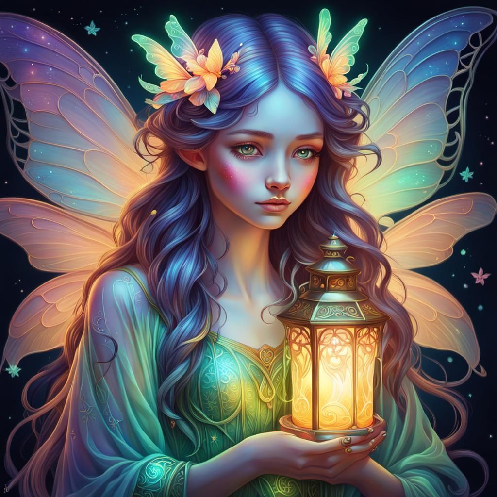 Vibrant, isolated fluorescent fairy, full body, in a mesmeri...