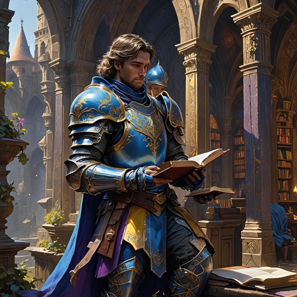 a knight in blue armor, reading a book without his helmet.