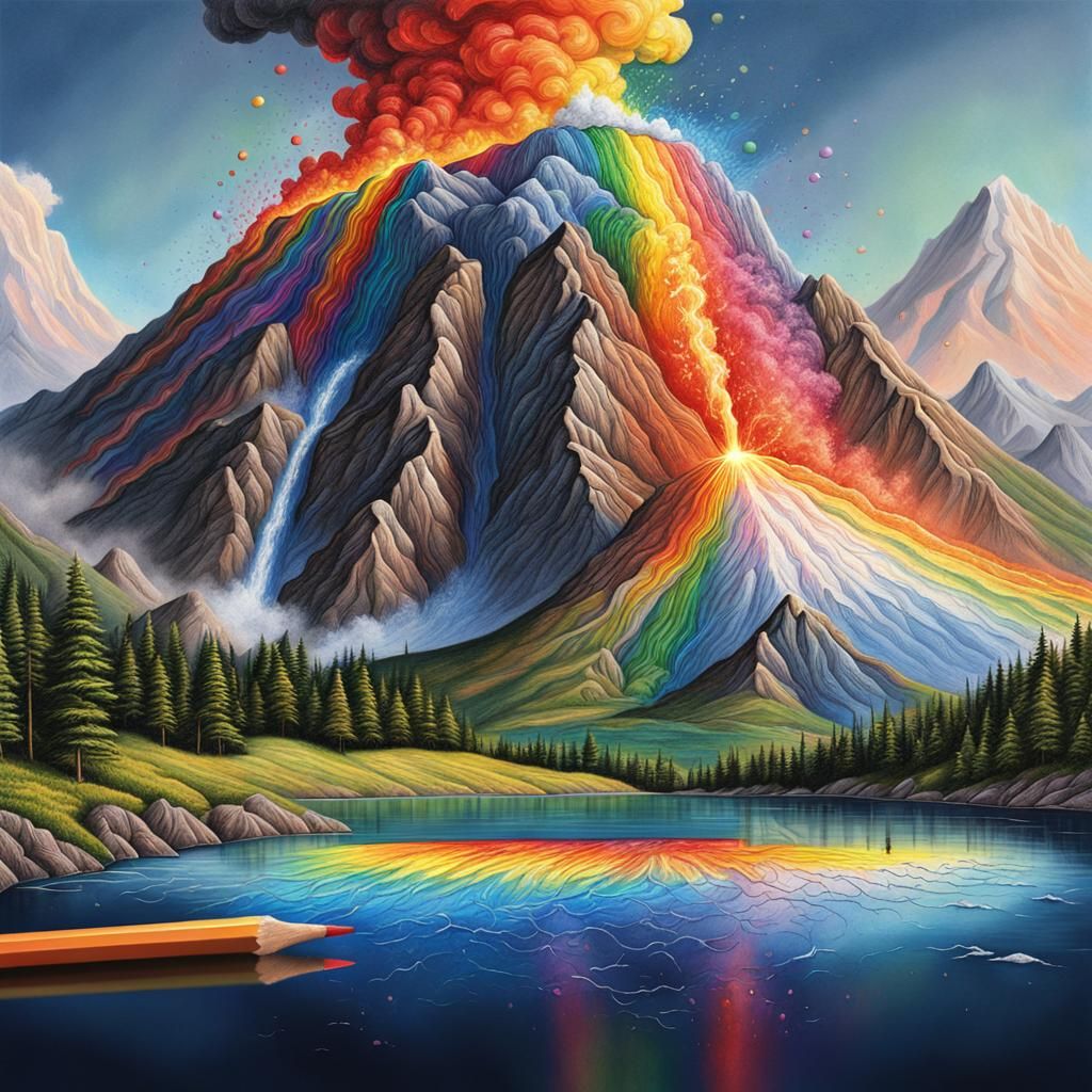 Colored pencils rainbow with a mountain lake volcano eruptin...