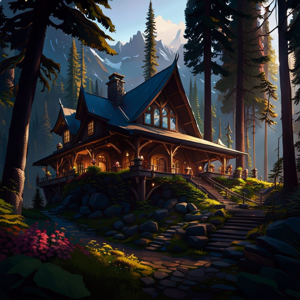 mountain forest lodge, 8k resolution concept art by Greg Rutkowski dynamic lighting hyperdetailed intricately ...  by @Kunekeda