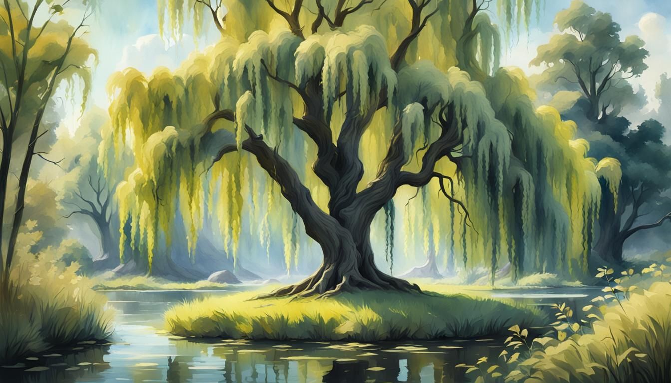Sunny Weeping Willow: Watercolor Painting in Deep Color