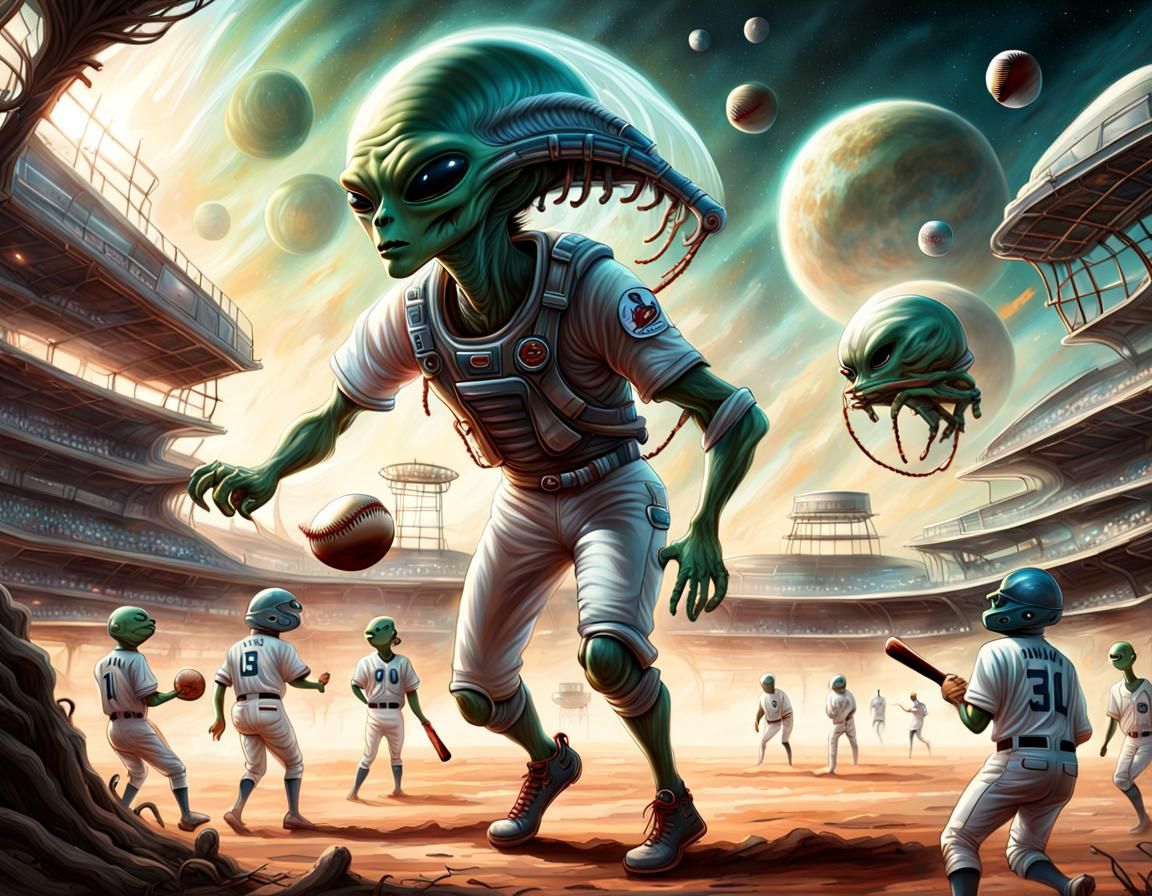 alien baseball with aliens playing baseball, in the style of kerem