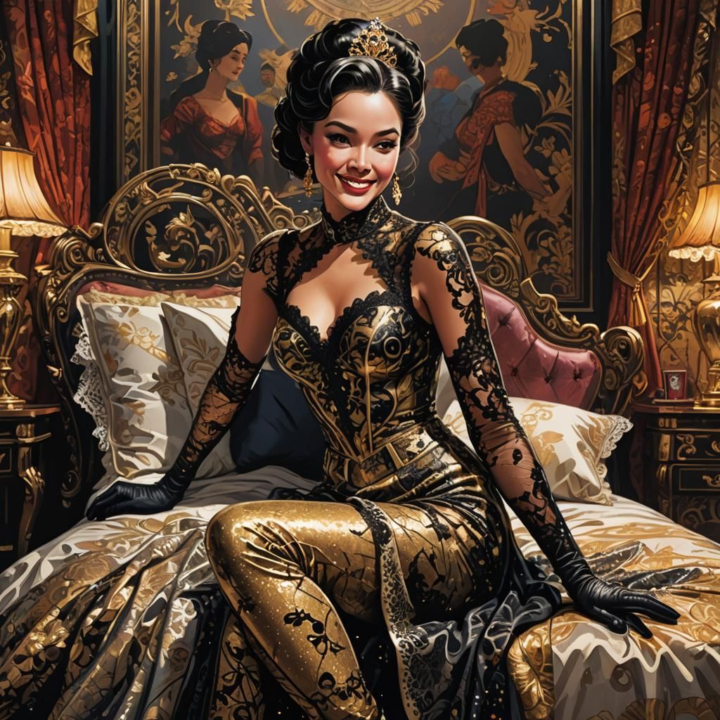 Glamorous Lady in Lavish Bedroom, Comic Book Art