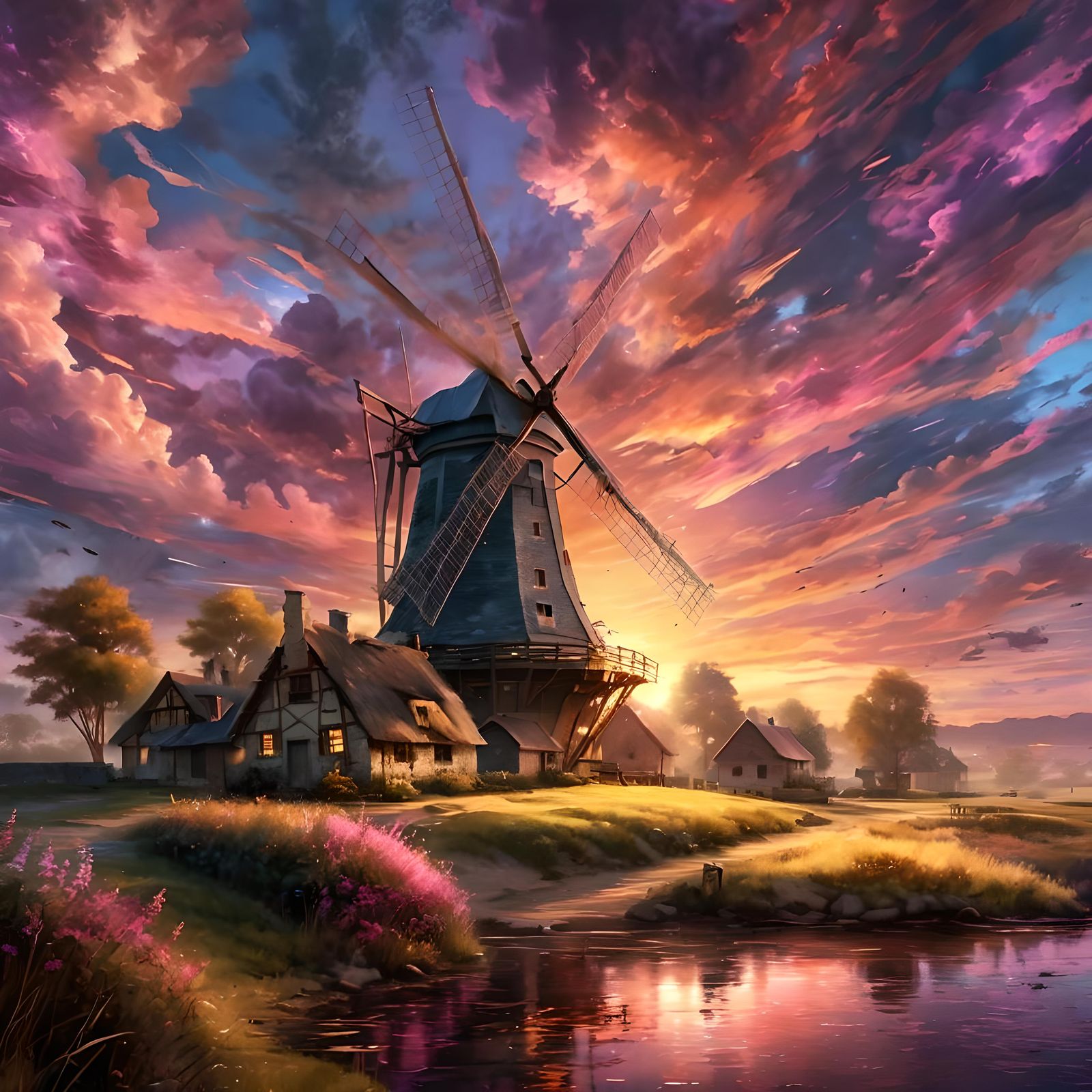 Windmill on the riverside farm with a majestic sunset.
