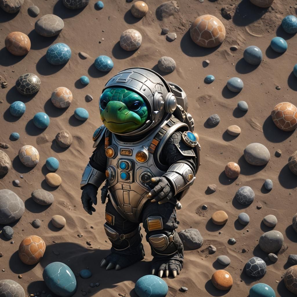 Astronaut Turtle Holding Moon Rocks: Digital Art