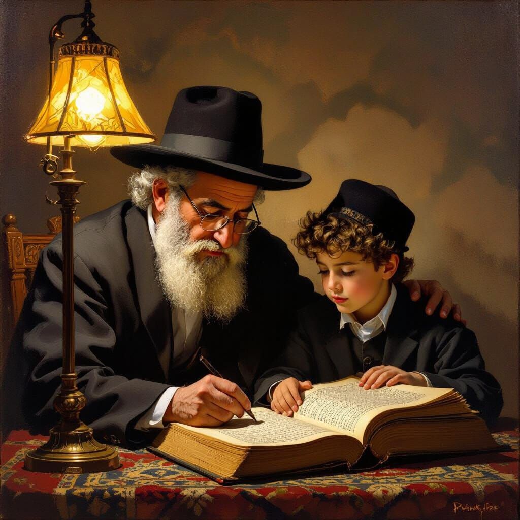 Grandfather and Grandson Study Talmud in Warm Light