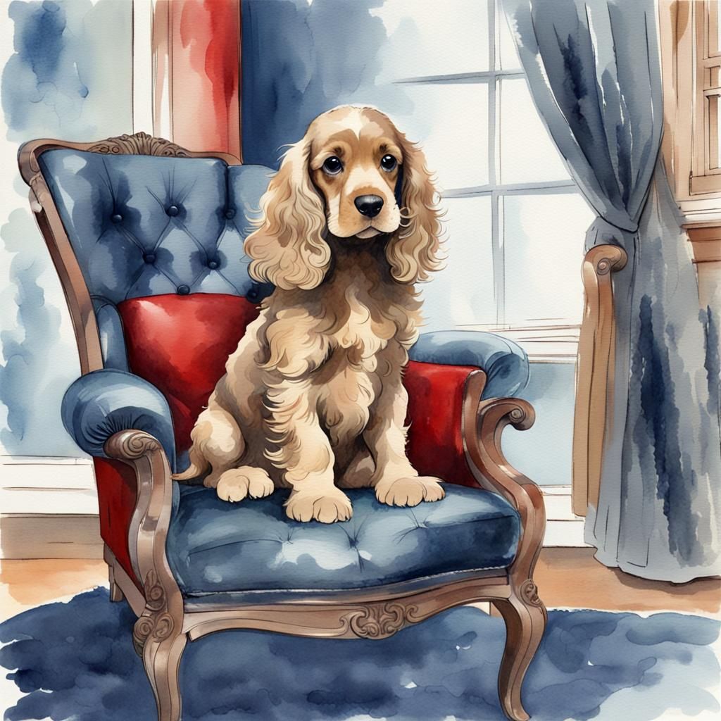 Cocker spaniel puppy long flowing curly hair heavily accented sitting on a red leather wing back chair in a blue gray room with a bay w. AI Generated Artwork NightCafe Creator