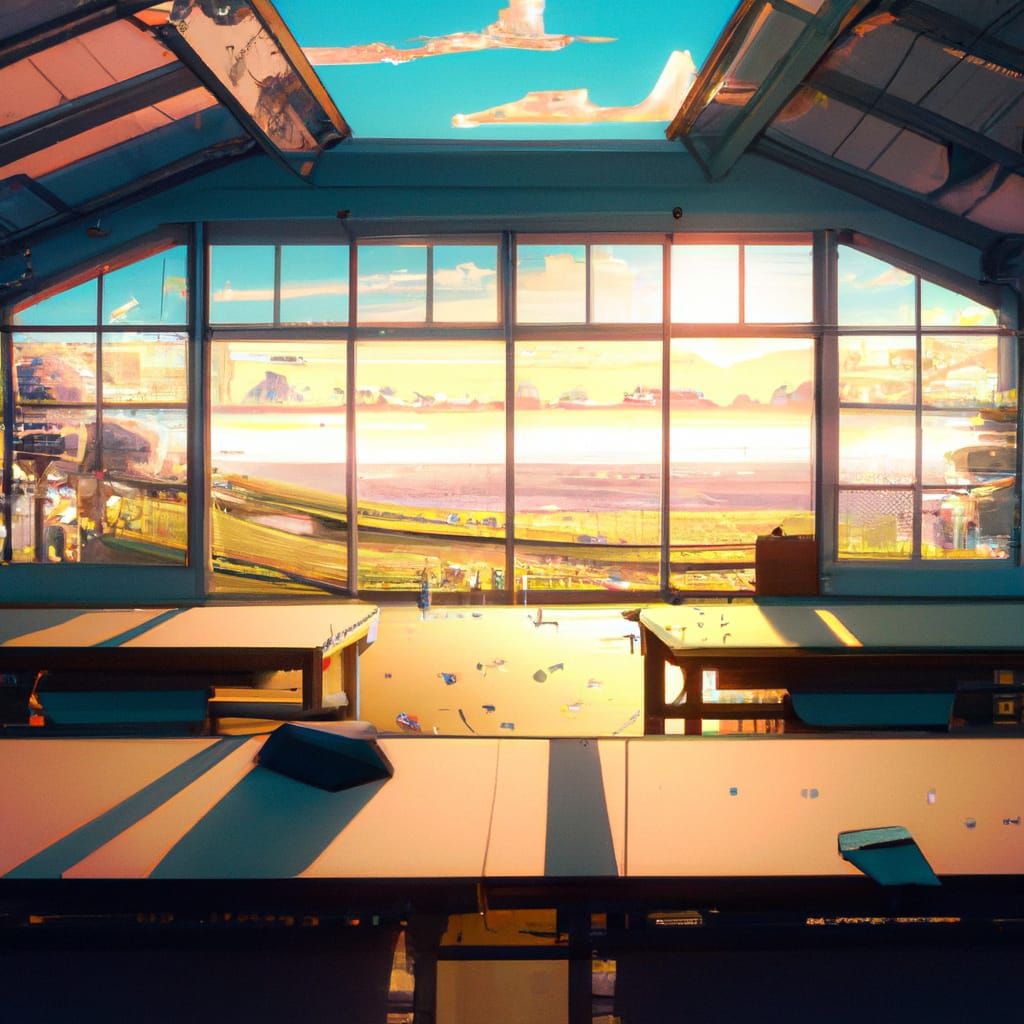A classroom during sunset