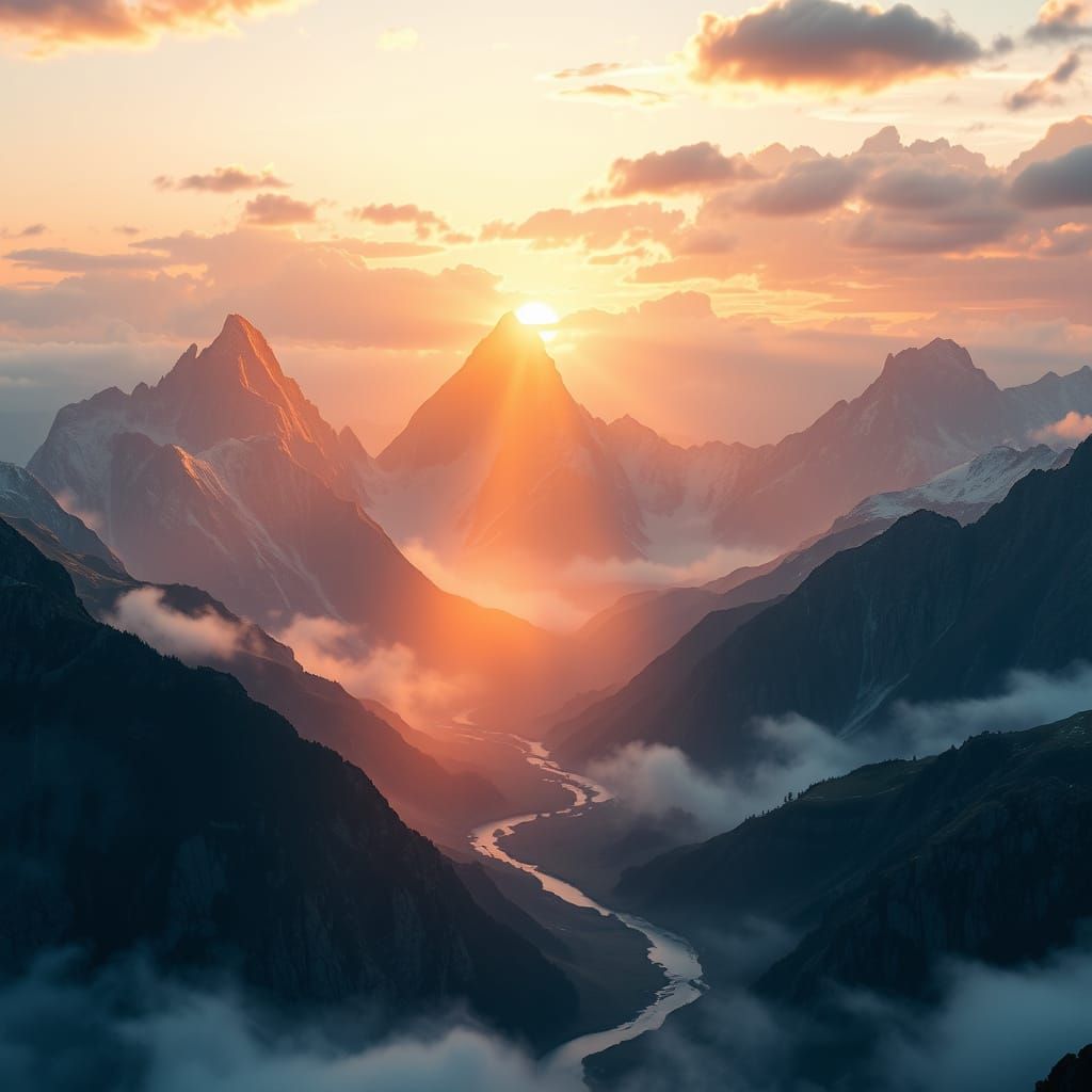 Majestic fantasy mountains at sunrise, glowing peaks with golden light, rivers of mist flowing through valleys, epic scale, ultra-realistic,...