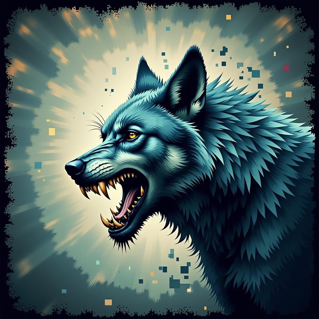 <lora:Pixelated Flux:0.8> A distorted pixelated whimsical werewolf, sharp teeth and scales, wisp creature 
