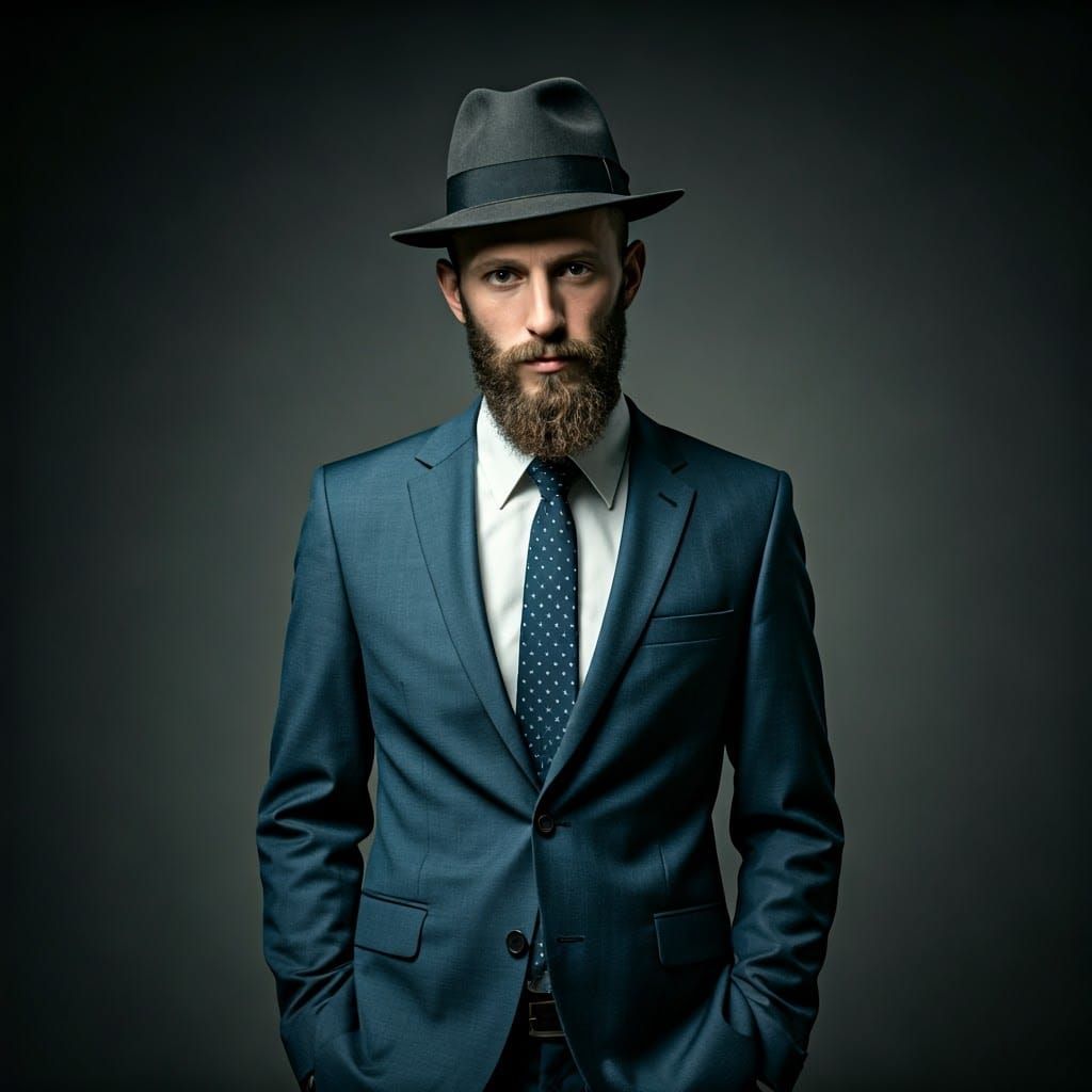 Orthodox Jewish Man in Modern Suit and Fedora, Inspired by A...