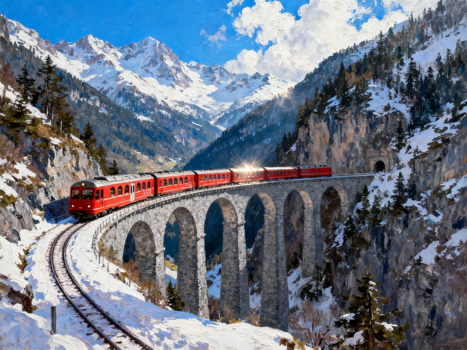 Glacier Express on the Landwasser Viaduct, Switzerland  by @Staircase Flash