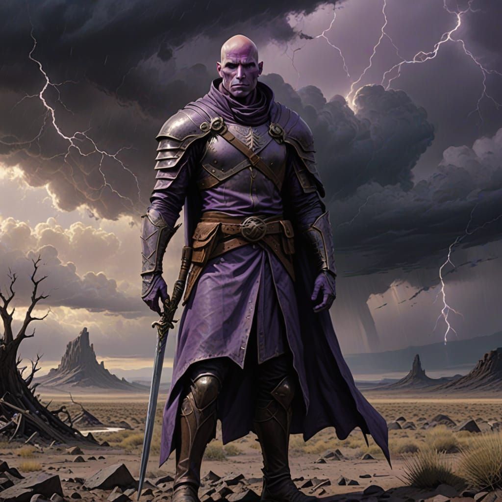 a purple bald man with a high pointed nose.