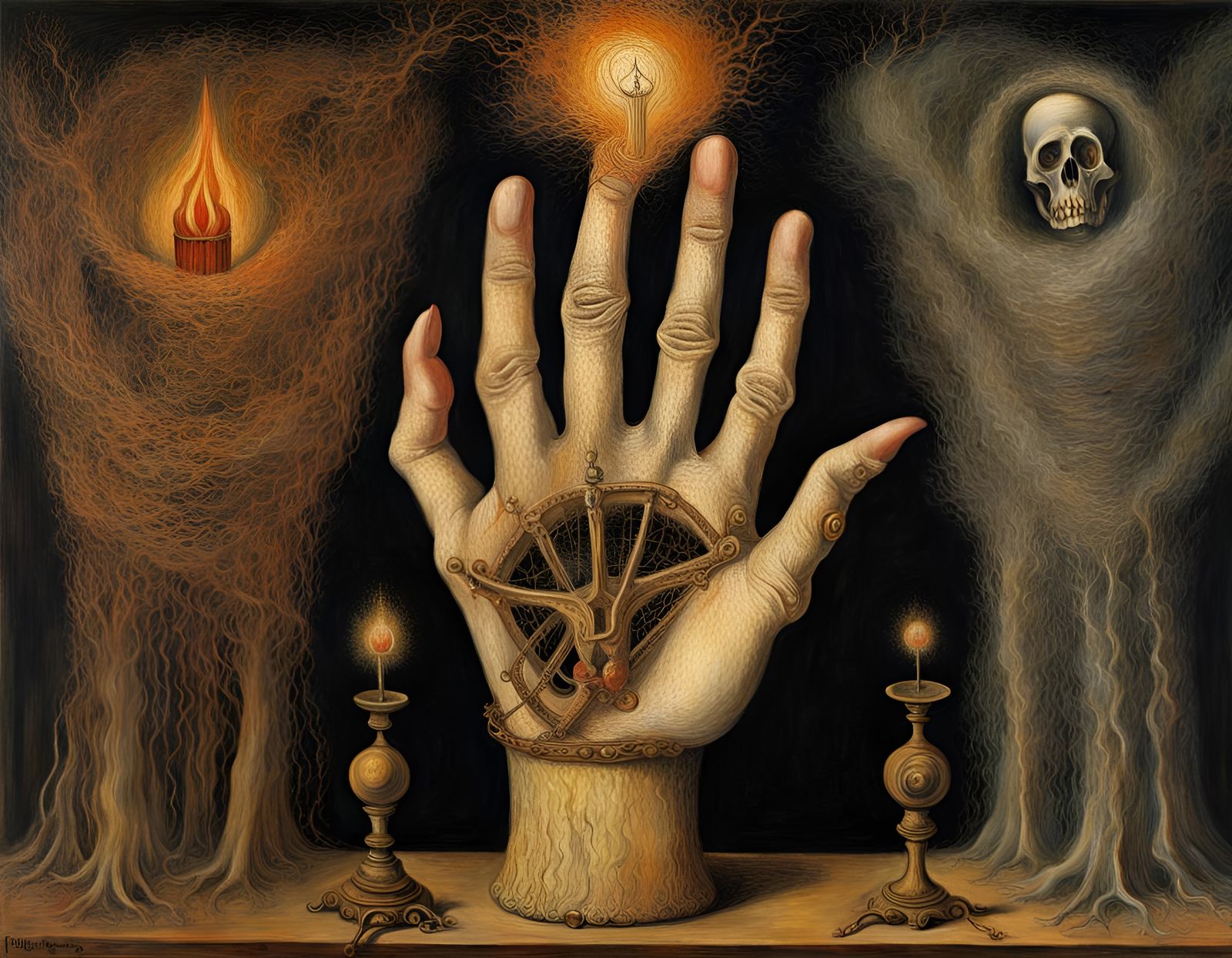 hand of glory, detailed oil painting, remedios varo, james ensor