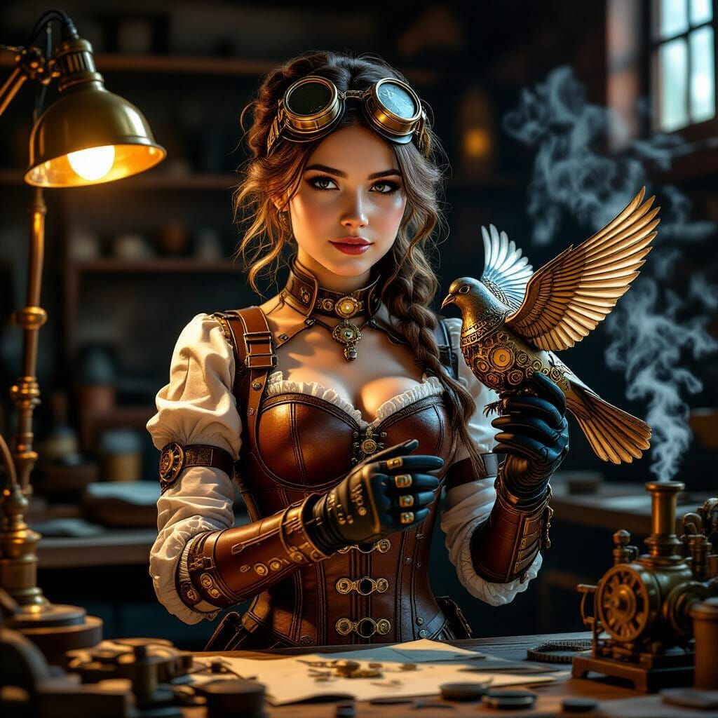 A young female steampunk inventor  by @Selenia Darkangel