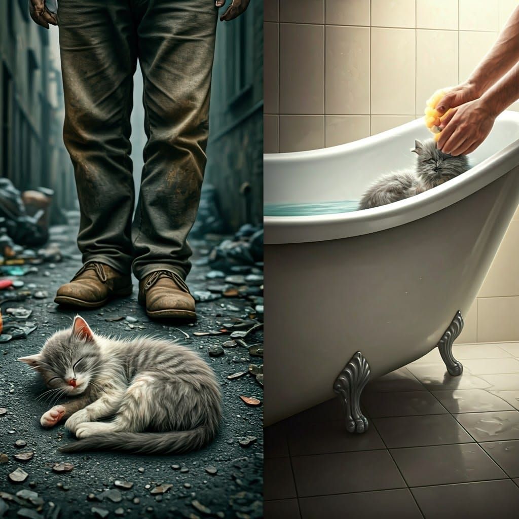 Create half a picture in the first half a sleeping wet little cat! On the floor in a dirty street with ...  by @שלמה וברכה דייטש