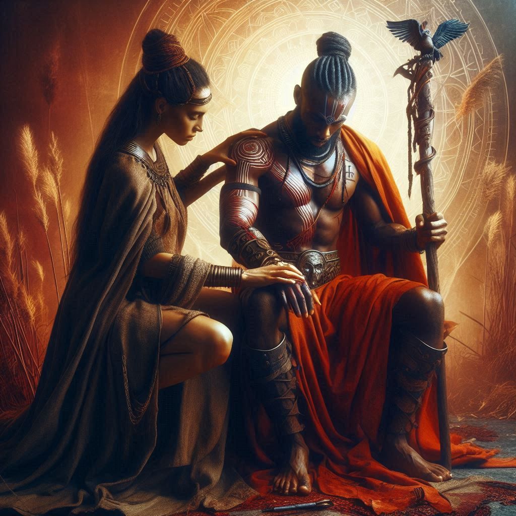 Priestess healing a warrior with a severe wound 5