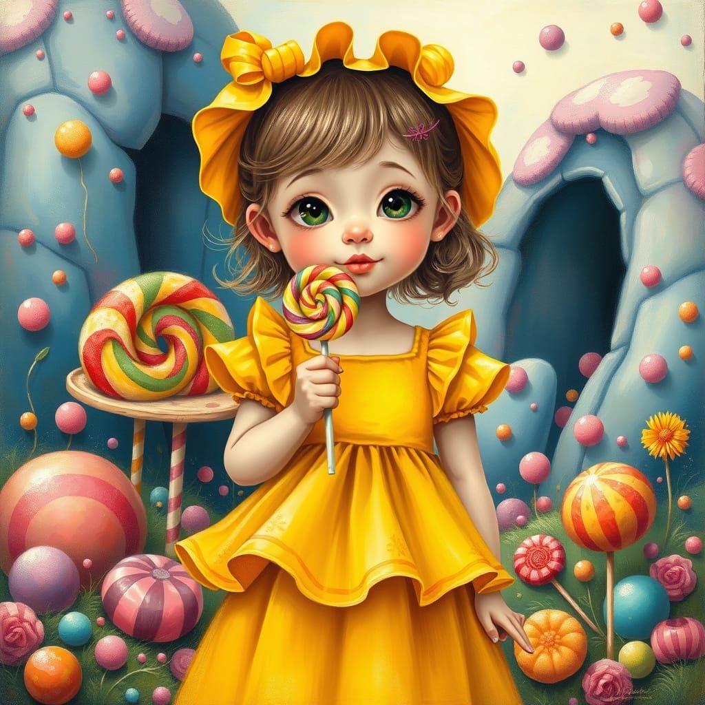 Girl with Lollipop in Whimsical Candy Land