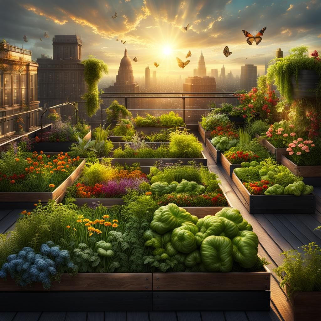 rooftop gardens, garden boxes with veggies, plants and flowers, butterflies, sunrise with a sun beam ...  by @Heather