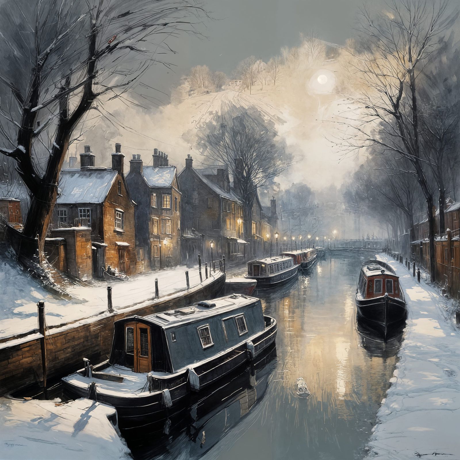 Narrow boats moored on English Canal: Snow covered tow paths. hyperdetailed charcoal drawing  by @Bobbles52