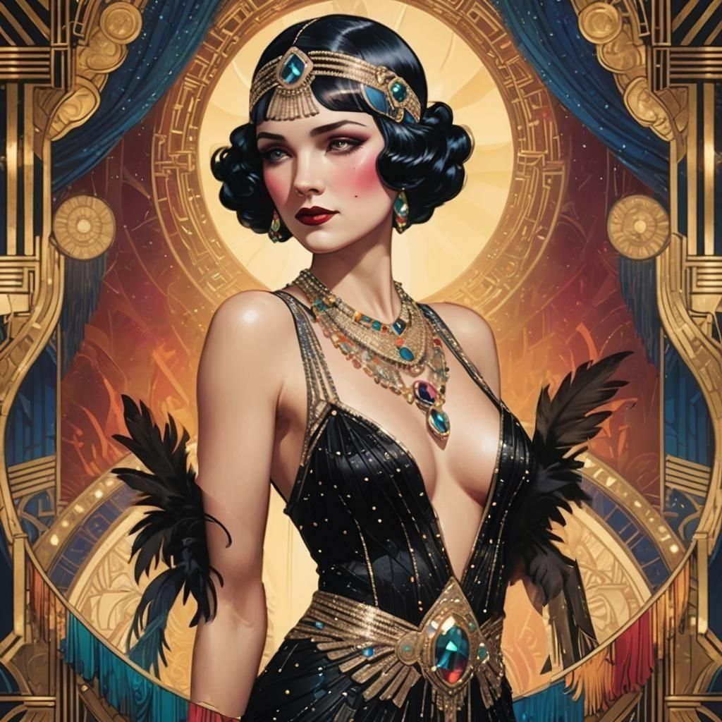 Art deco, medium shot, A 1920s beautiful burlesque woman wearing a flapper gown dress with an elegant headdress adorned with colourful jewel...