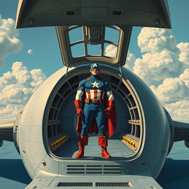 CAPTAIN AMERICA STANDING IN THE OPEN CARGO BAY OF A FUTURIST...