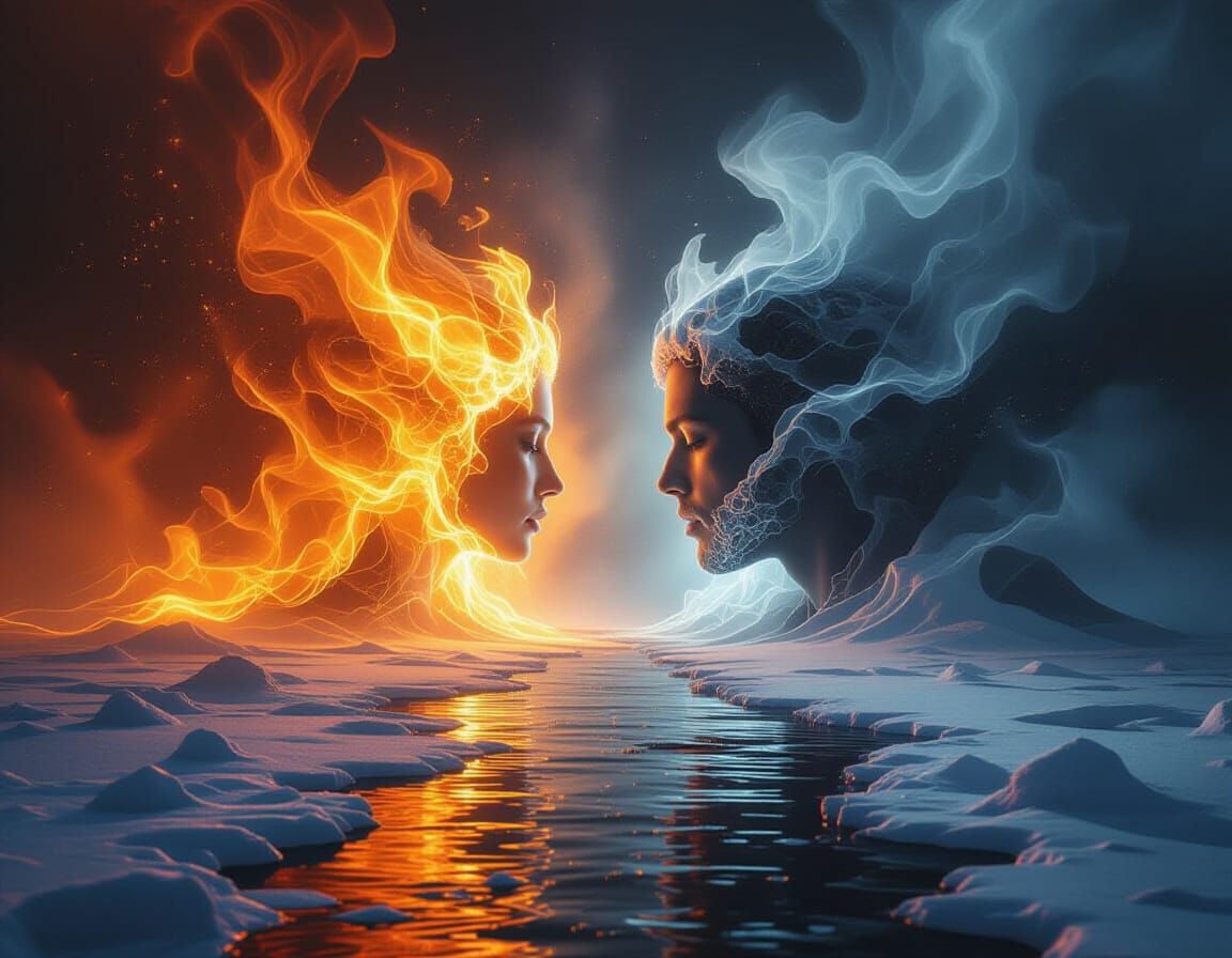 bright light and dark shadows creating double exposure contrast, Light facing off with shadow.
Fire and ice pulling in different directions....