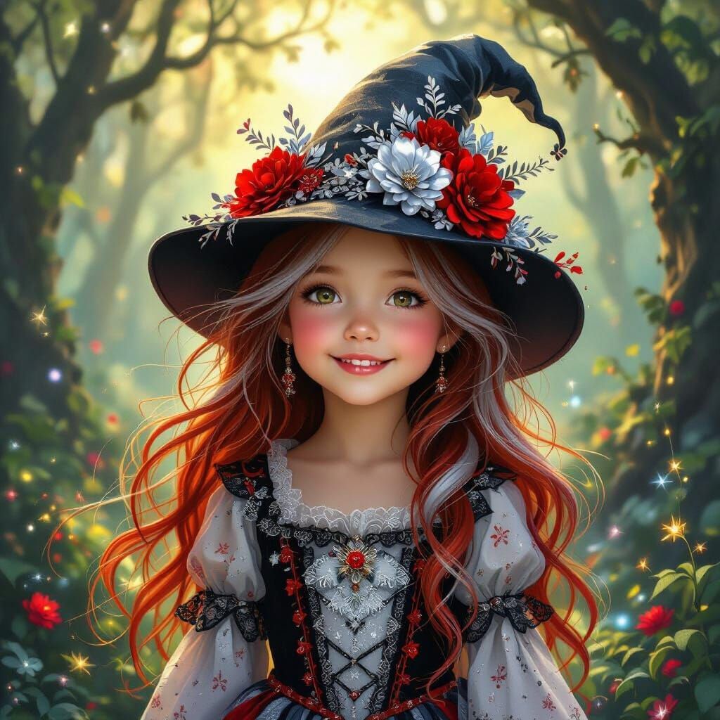 whimsical image of a happy little girl with long red, and silver hair, a hat adorned with red and silver flowers and a dress with silver, re... - Start Image 1