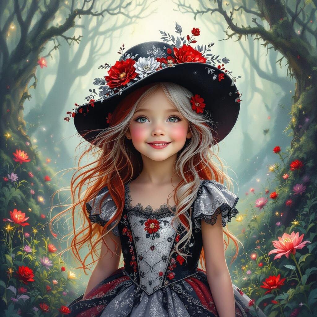 whimsical image of a happy little girl with long red, and silver hair, a hat adorned with red and silver flowers and a dress with silver, re... - Start Image 2