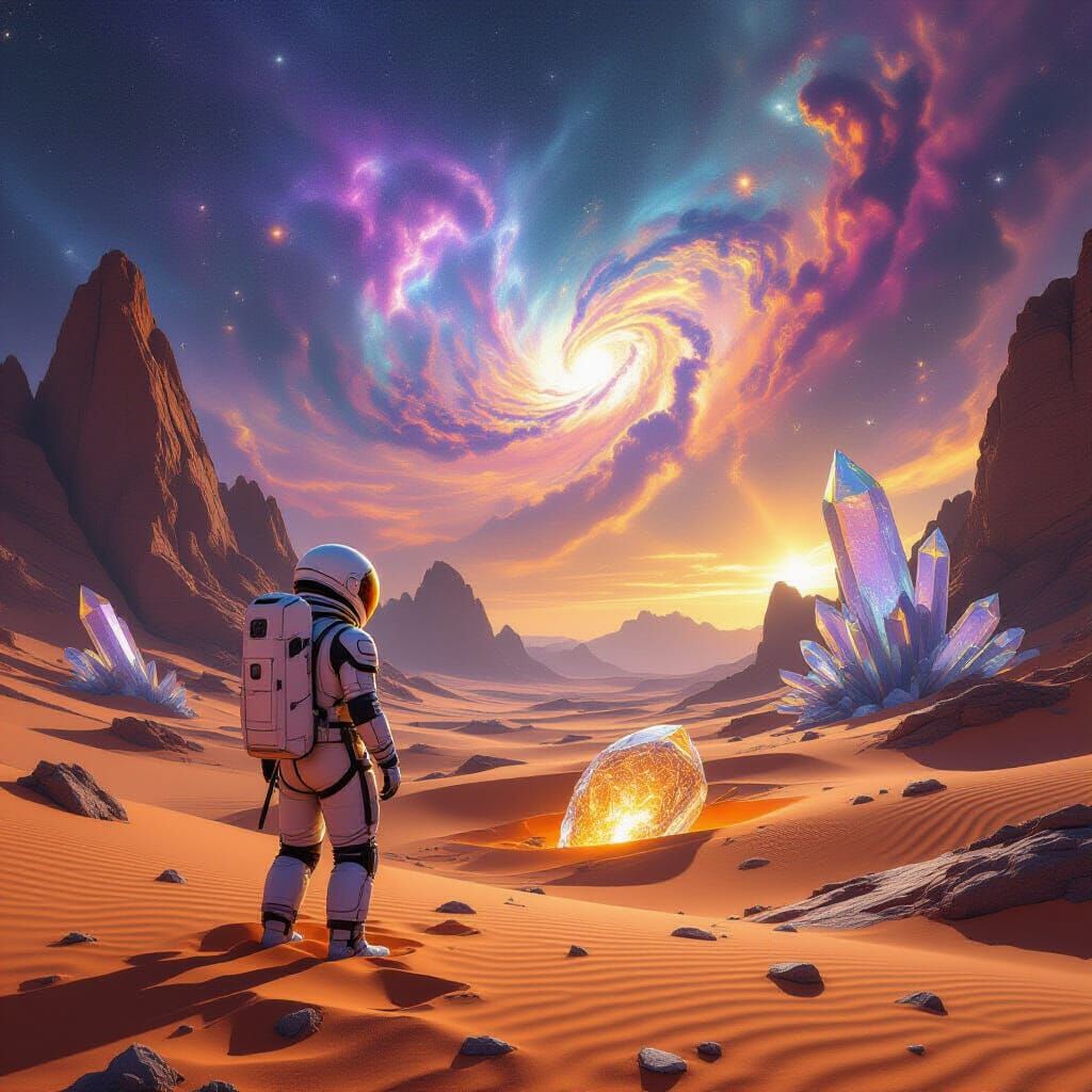 A lone astronaut, dwarfed by the immense, crystalline structures of an alien desert, discovers a colossal, ancient artifact half-buried in t...