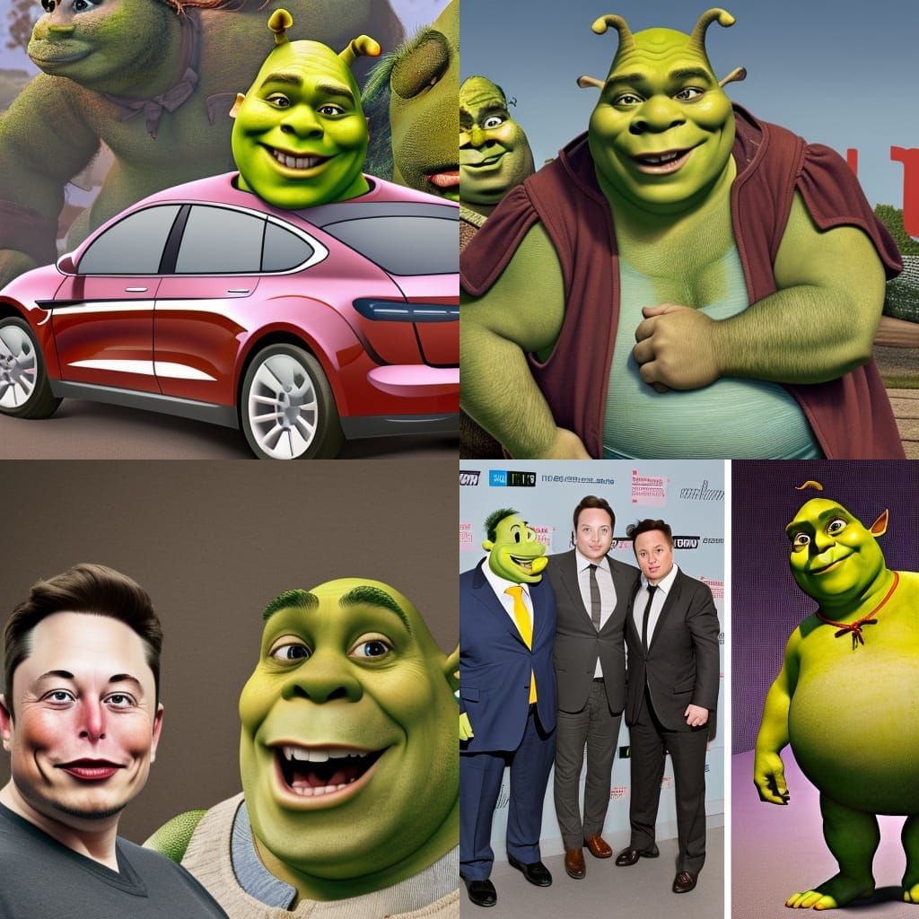 Shrek and Elon Musk and other fat men wearing cars