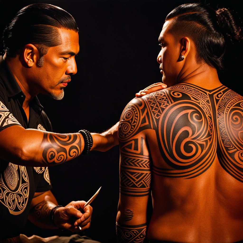 Traditional Maori tattoo making, dynamic lighting, masterpiece photography, medium focus, canon lense ...  by @xtough 