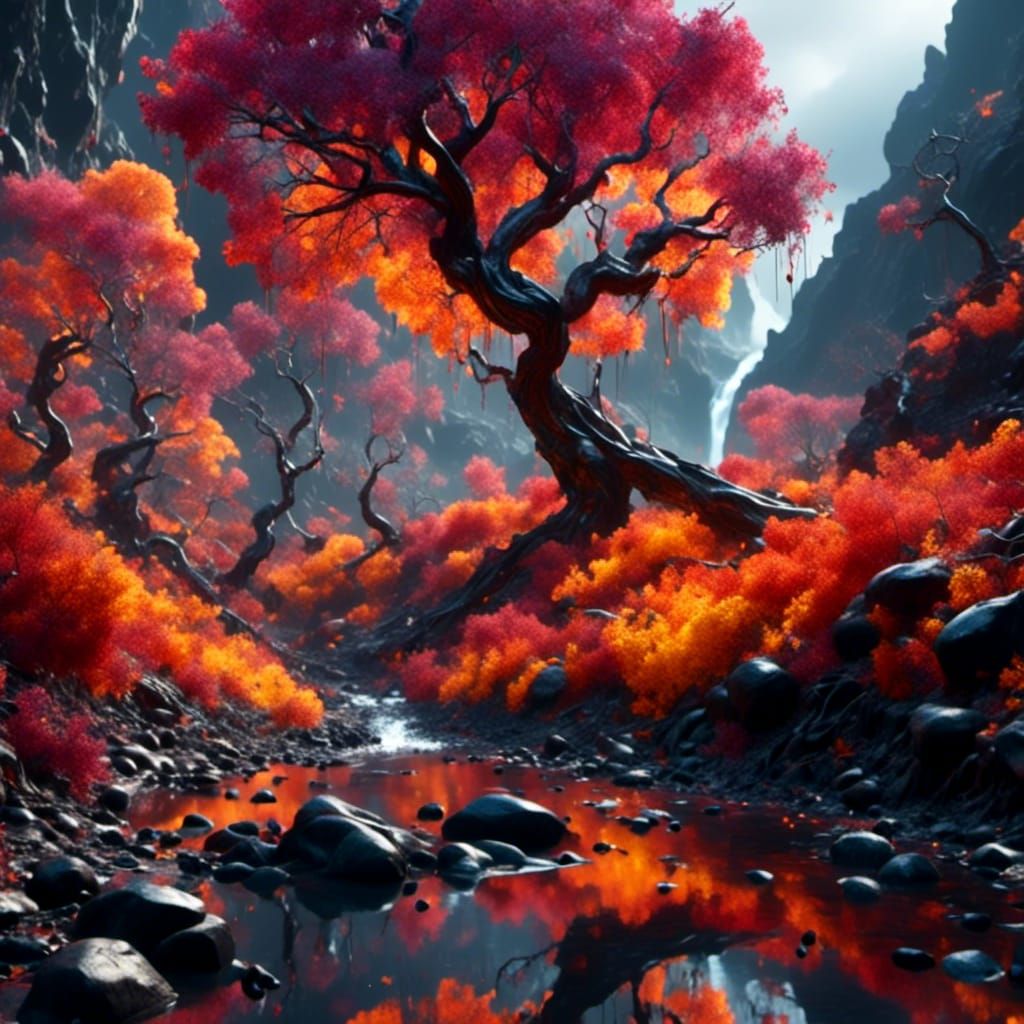 Dark twisted trees in Autumn by waterfalls