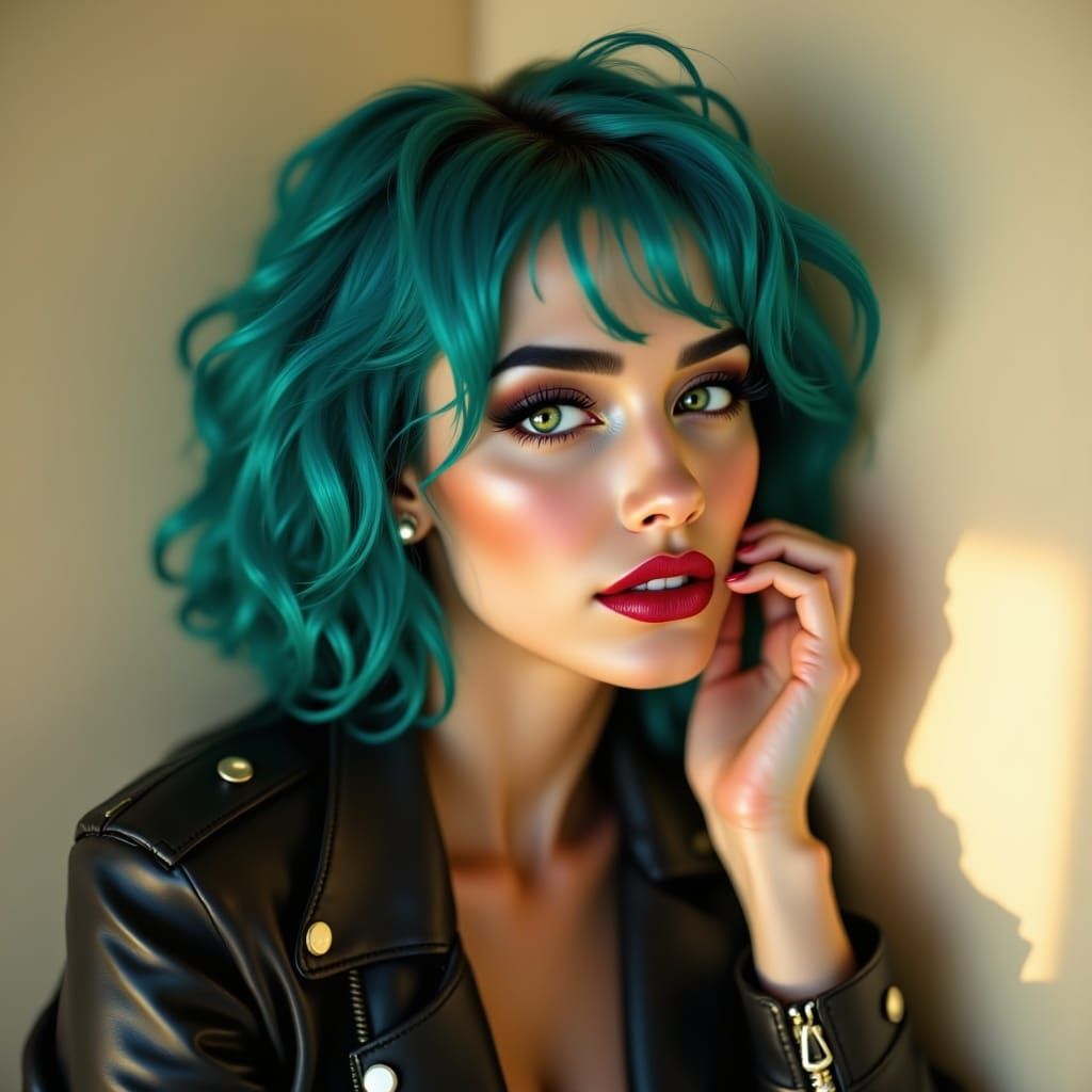 A pin-up model with vibrant teal hair and bold bangs, posing with a flirtatious gaze, her eyes batting beneath thick eyeliner and luscious l...