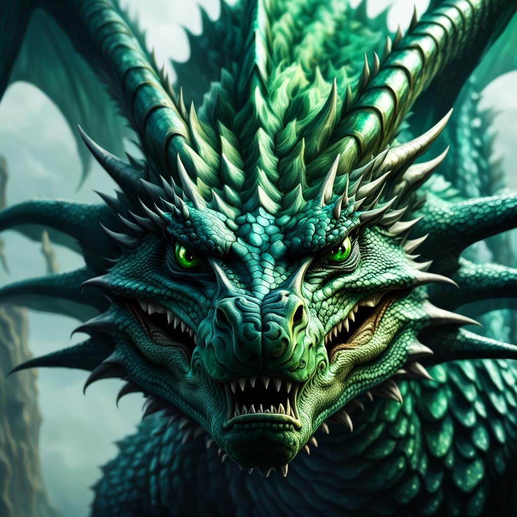 Epic D&D green dragon, extreme close-up head, looking straight at ...