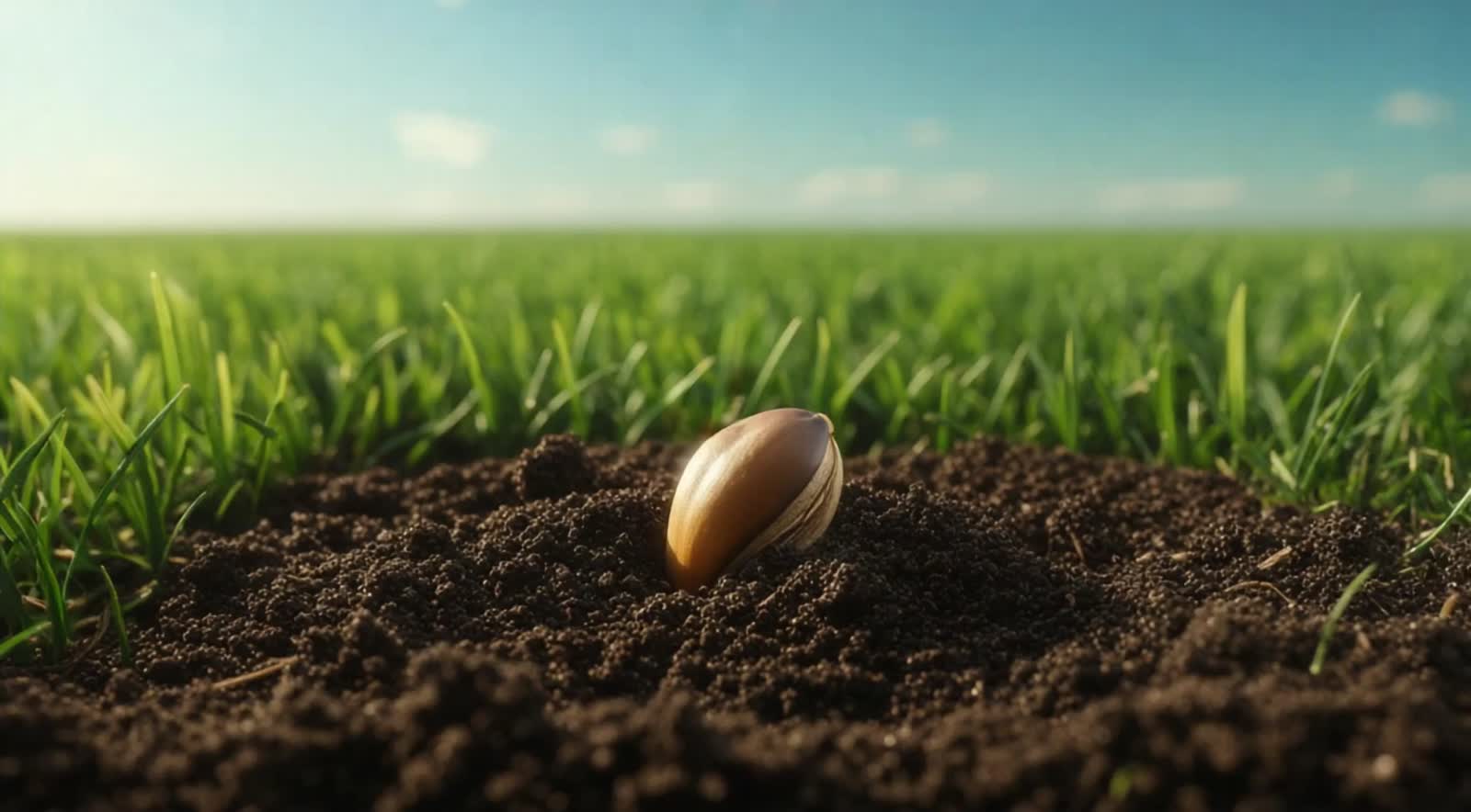 A tree growing up out of a little seed planted in a field.