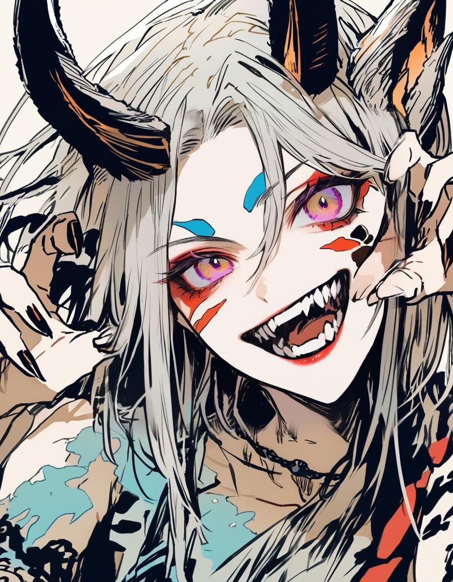 Woman with Horns and Tattoos in Grunge Style