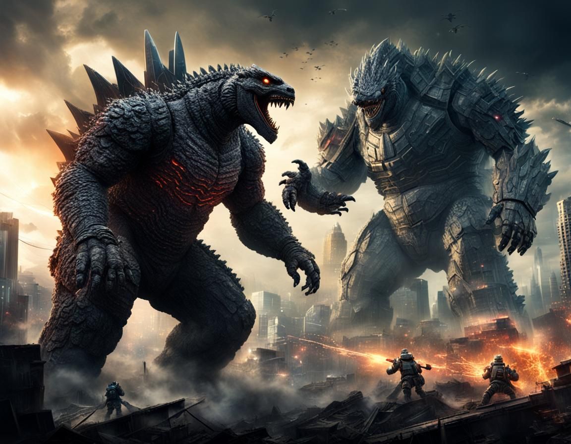 epic battle between Godzilla and an evil giant robot
