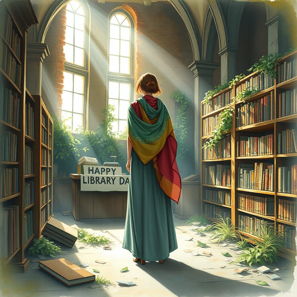 Happy Library day. A solitary woman stands in the overgrown ruins of an ancient library, a vibrant silk scarf draped over ...  by @MrsLoomis