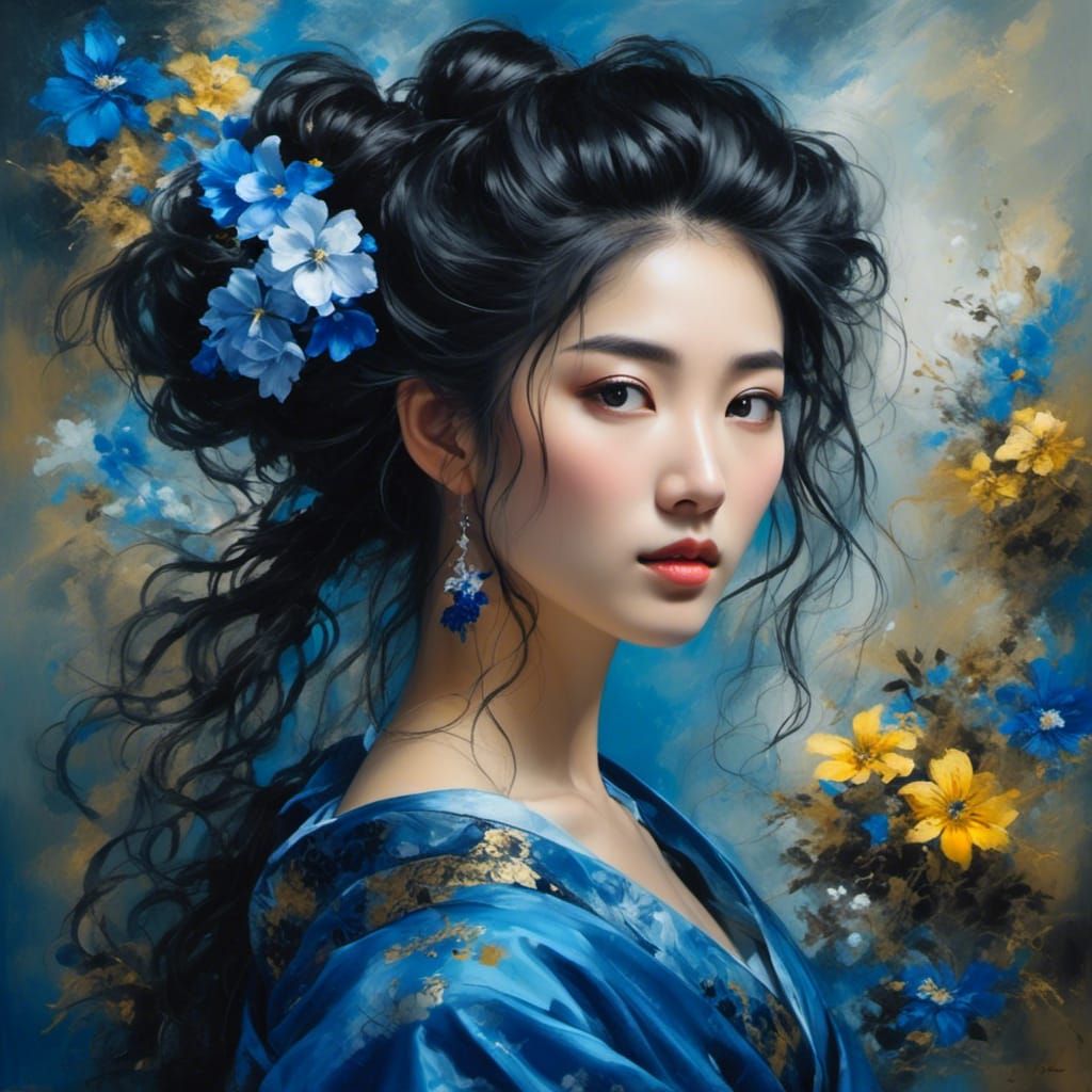 <lora:Nice Portrait:1.0> portrait of a stunning  japanese woman,   a dark fantasy , Romantic era, oil paintings , blue, vilet ,  flower. lon...