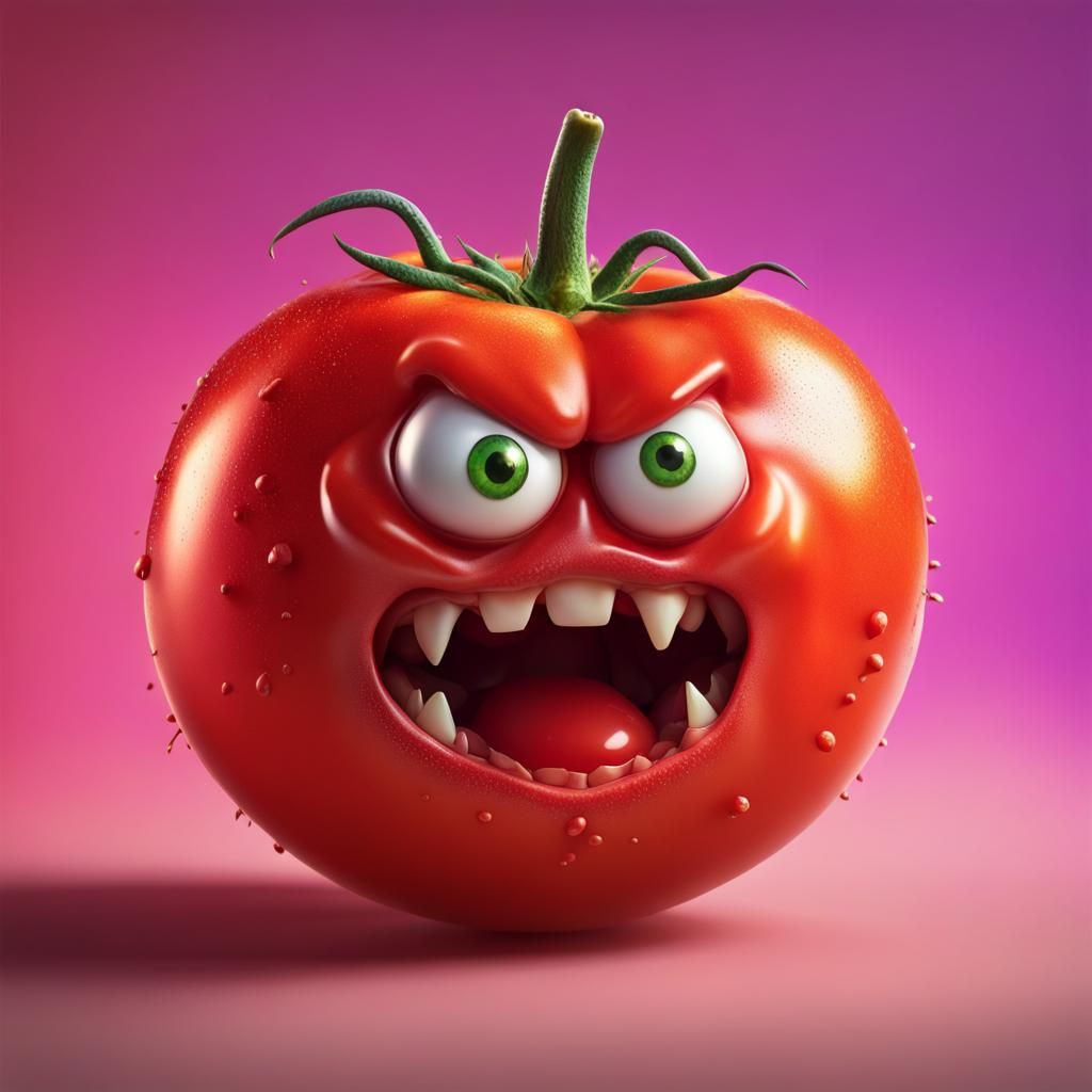 Killer tomato, with angry eyes and sharp teeth, real, 8k rea...