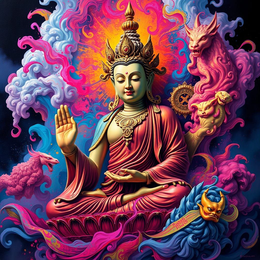 Ksitigarbha Bodhisattva in Vibrant Splash Art Style