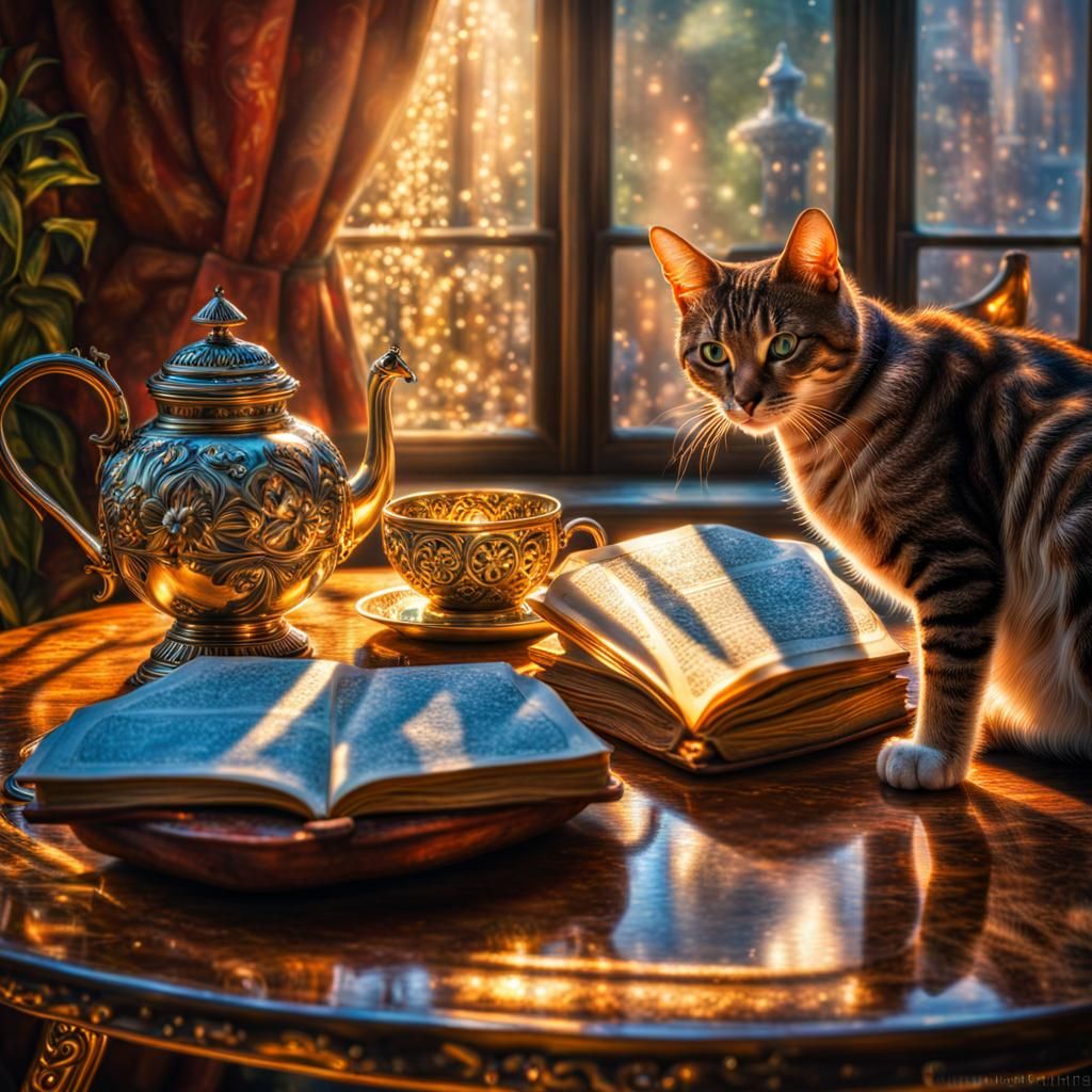 a morning cup of tea, an open book, and a cat.  by @Staircase Flash